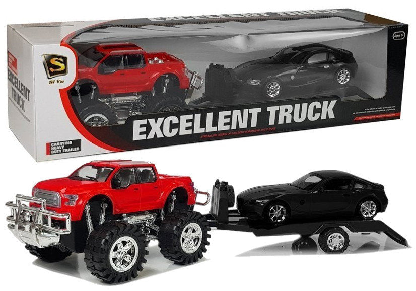 Sada autíček Monster Truck s návěsem a BMW 58 cm červený