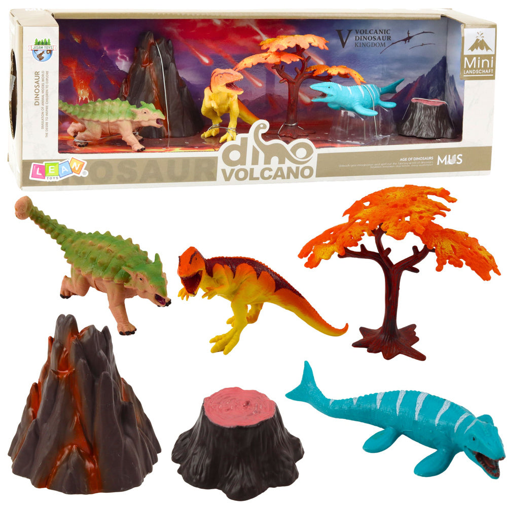 Sada figurek dinosaurů s vulkánem a stromem 6 dílů