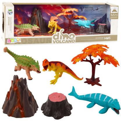 Sada figurek dinosaurů s vulkánem a stromem 6 dílů