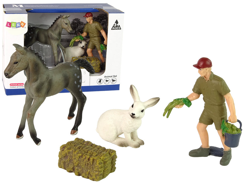 Sada figurek farma – kůň šedý zajíc farmář s mrkví