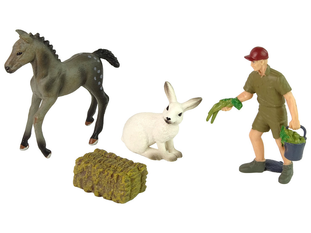 Sada figurek farma – kůň šedý zajíc farmář s mrkví