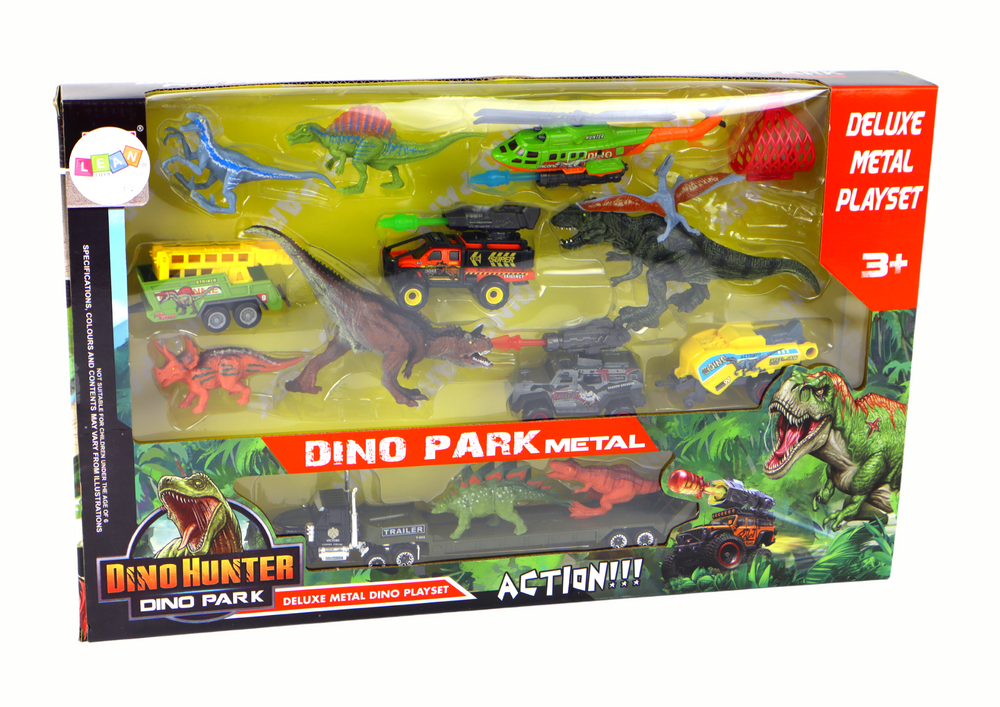 Sada vozidel s helikoptérou a dinosaury – 8 kusů barevné