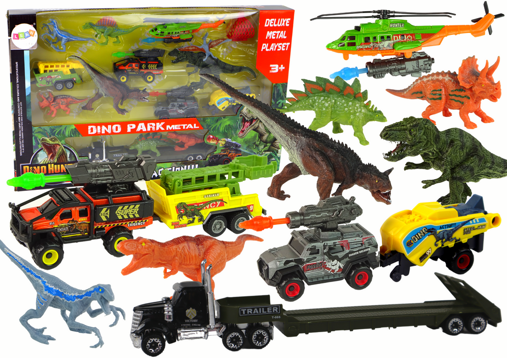 Sada vozidel s helikoptérou a dinosaury – 8 kusů barevné