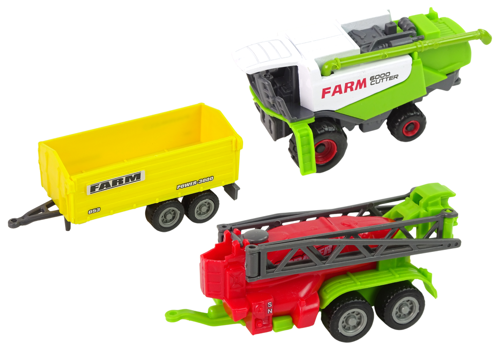 Sada zemědělských strojů 6 kusů – traktor kombajn s přívěsy