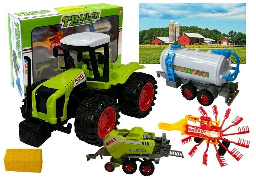 Sada zemědělských strojů traktor s hrabičkou a lisem