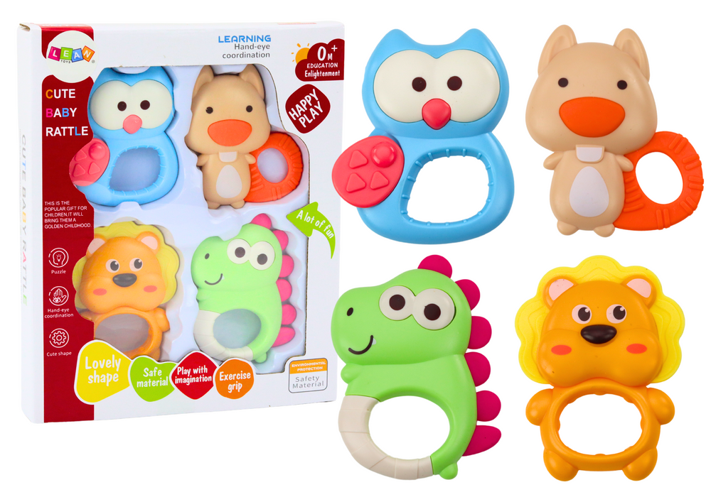 Set chrastítek a kousátek s barevnými pastelo zvířátky, 4 kusy