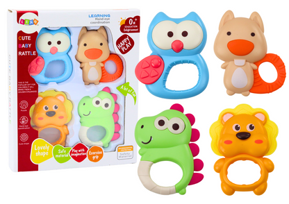 Set chrastítek a kousátek s barevnými pastelo zvířátky, 4 kusy
