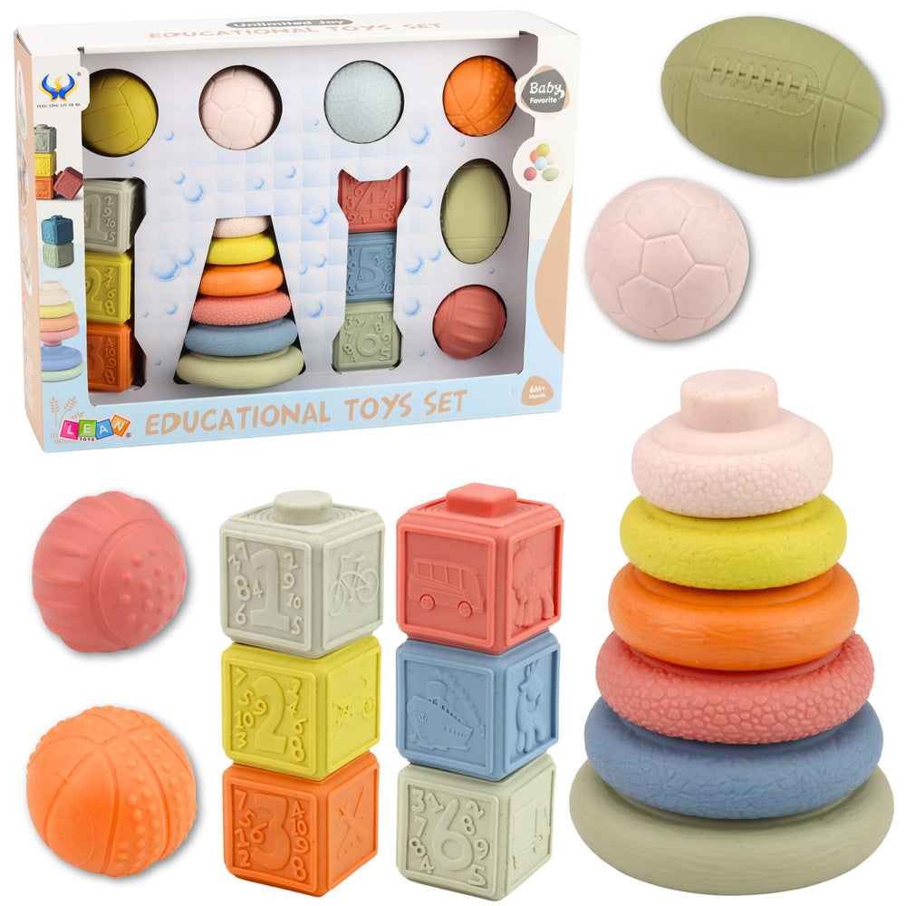 Set měkkých senzorických hraček 18 kusů – míčky, pyramida a kostky