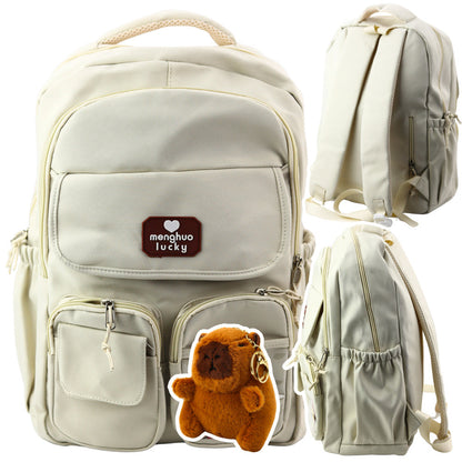 Školní batoh Kapybara s přívěskem a odznáčky béžový 25L 42cm