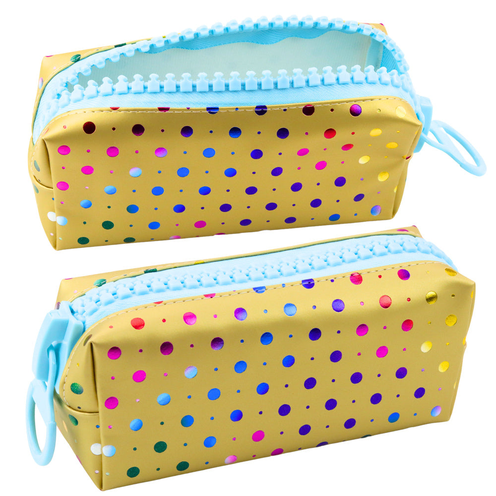 Školní penál organizer zlatý s barevnými puntíky velký zip 21x8cm