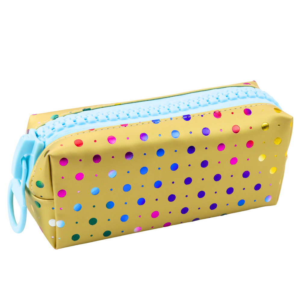 Školní penál organizer zlatý s barevnými puntíky velký zip 21x8cm