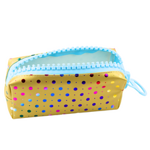 Školní penál organizer zlatý s barevnými puntíky velký zip 21x8cm