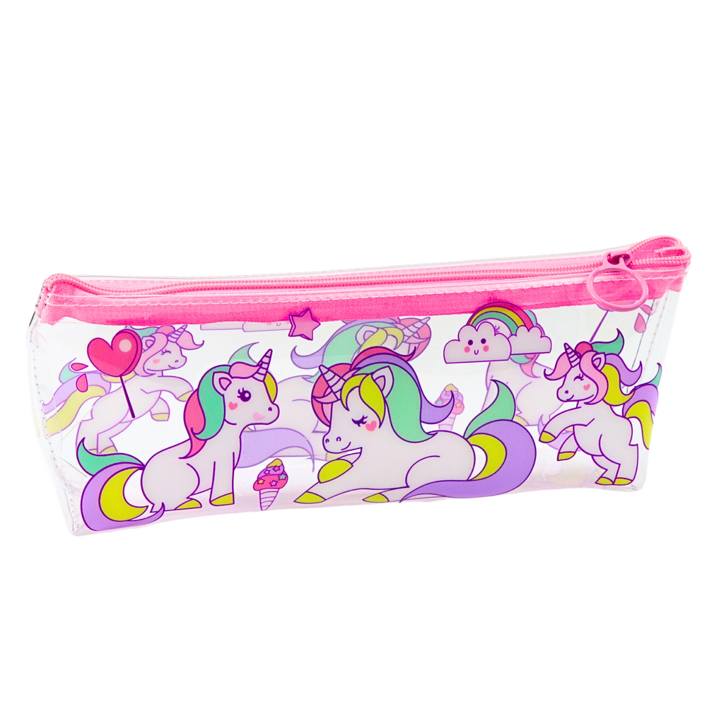 Školní penál průhledný s jednorožci na zip 20x8,5x4cm