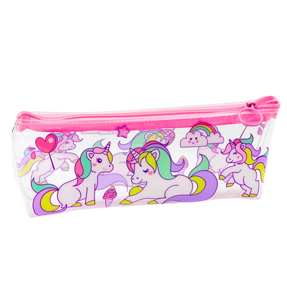 Školní penál průhledný s jednorožci na zip 20x8,5x4cm