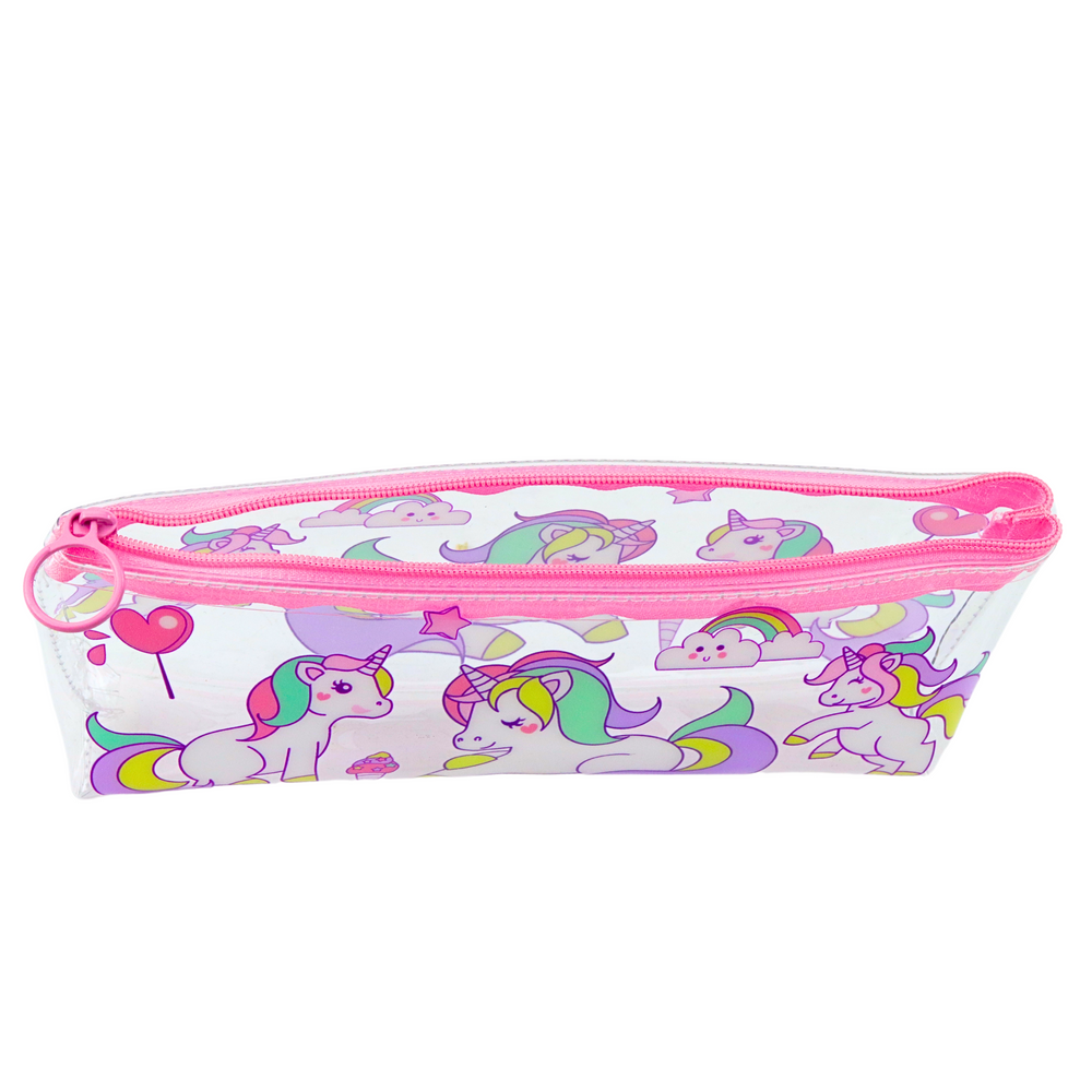 Školní penál průhledný s jednorožci na zip 20x8,5x4cm