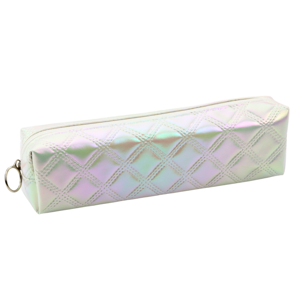 Školní penál s reliéfním vzorem a zipem bílý perleťový 21x6cm