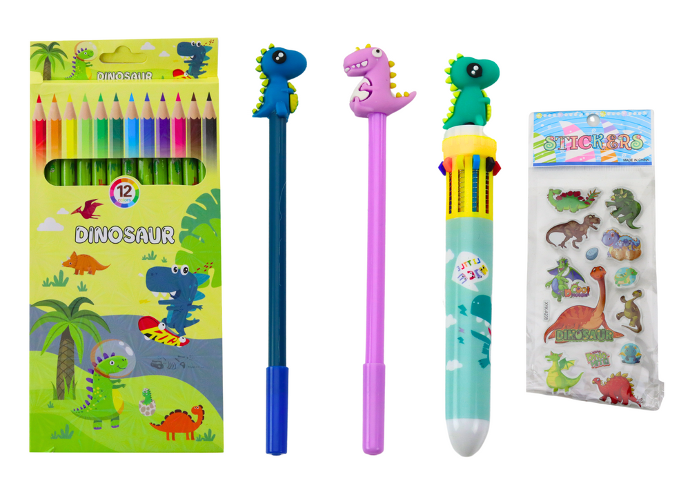 Školní penál s vybavením dinosaurus modrý