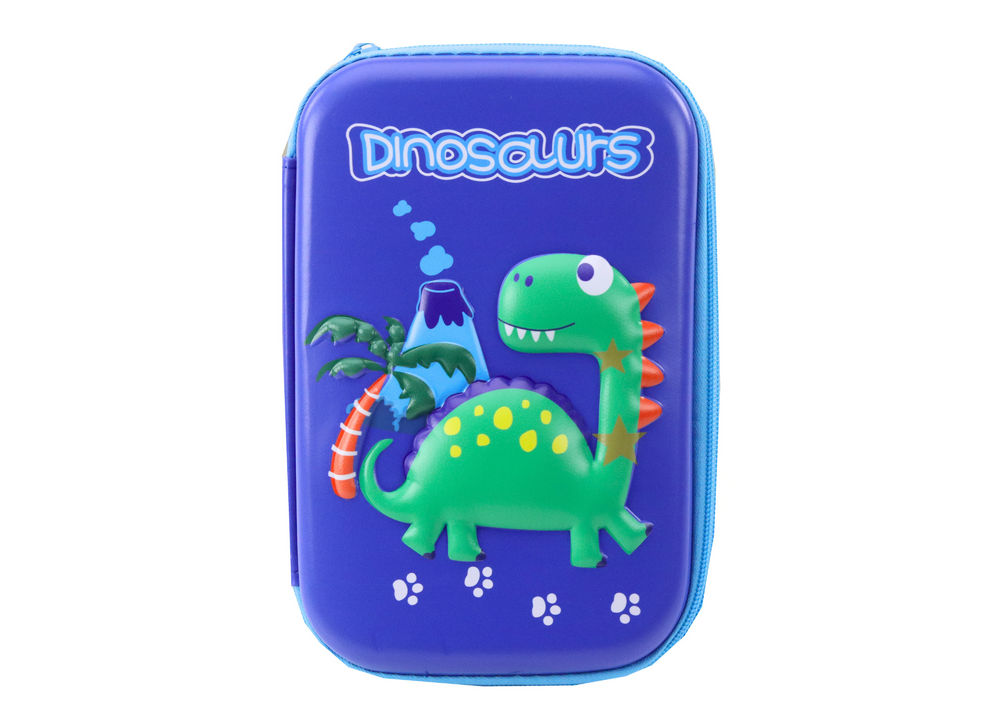 Školní penál s vybavením dinosaurus modrý
