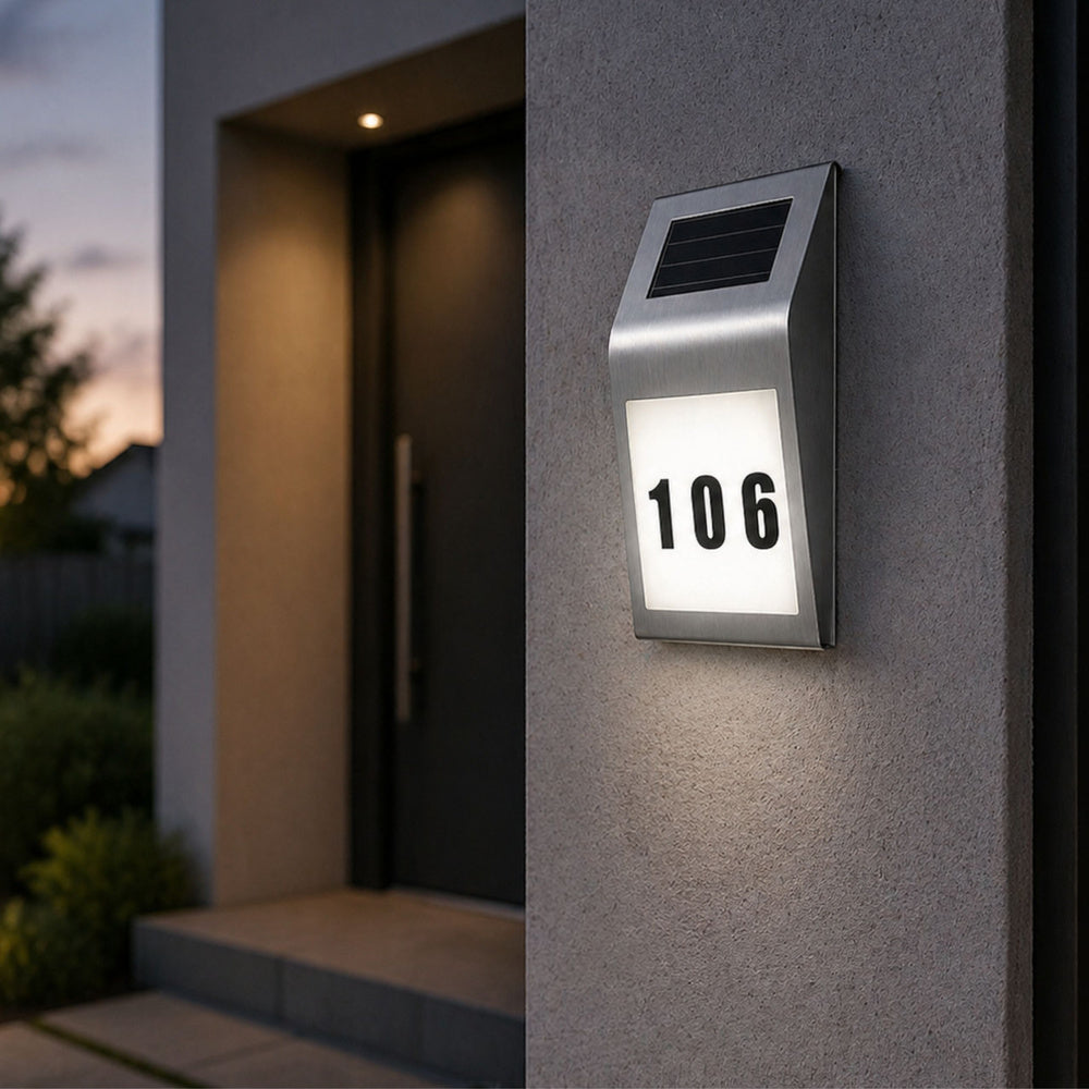 Solární LED nástěnná lampa s osvětleným číslem domu – nerezová ocel