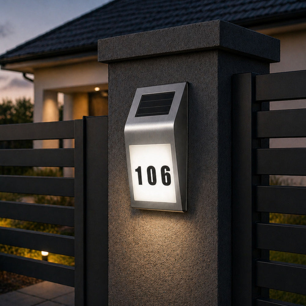 Solární LED nástěnná lampa s osvětleným číslem domu – nerezová ocel