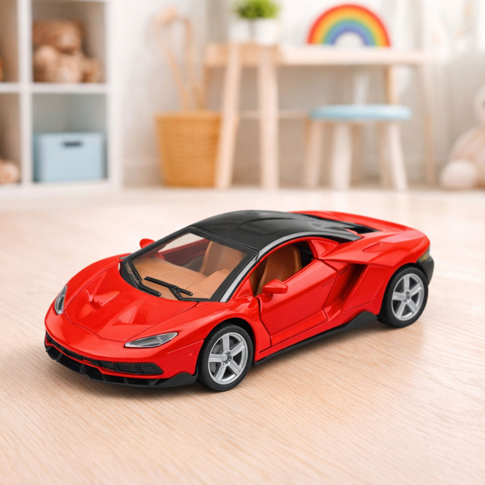 Sportovní auto s otvíracími dveřmi, světly a zvuky – červené