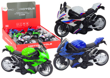 Sportovní motocykl s frikčním pohonem bílý zelený modrý