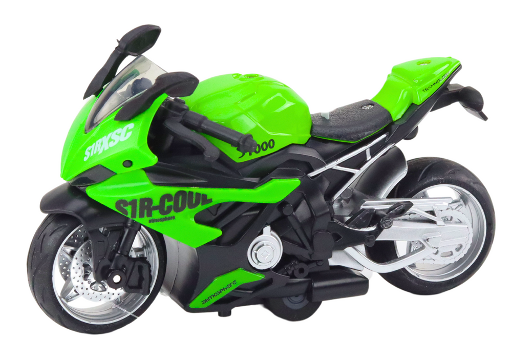 Sportovní motocykl s frikčním pohonem bílý zelený modrý