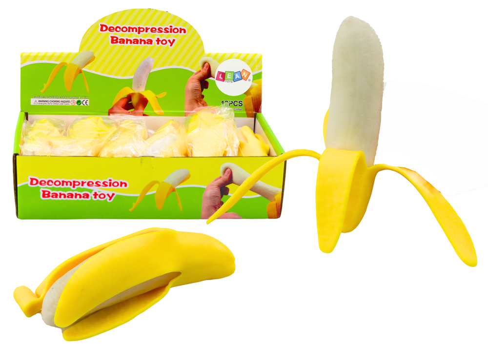 Squishy banán se slupkou - žlutá gumová antistresová hračka