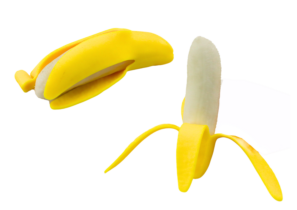Squishy banán se slupkou - žlutá gumová antistresová hračka