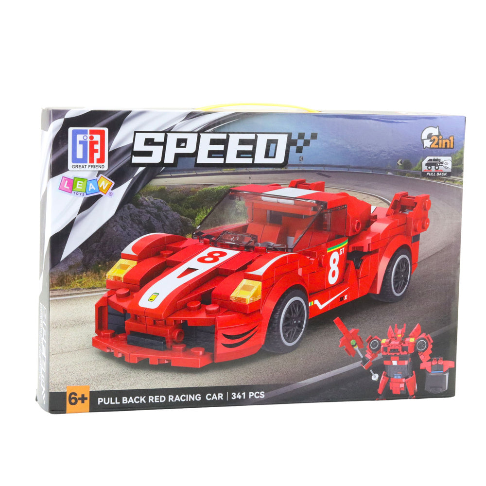 Stavebnice auto robot 2v1 – pull back pohon 341 dílů | červená