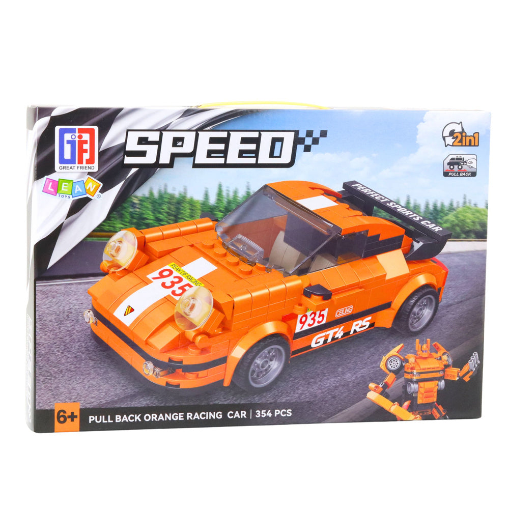 Stavebnice auto robot 2v1 – pull back pohon 354 dílů | oranžová