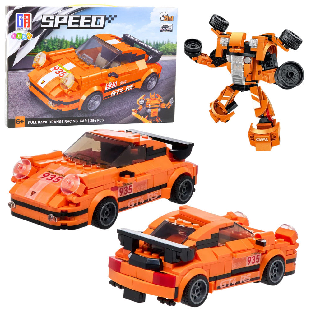 Stavebnice auto robot 2v1 – pull back pohon 354 dílů | oranžová