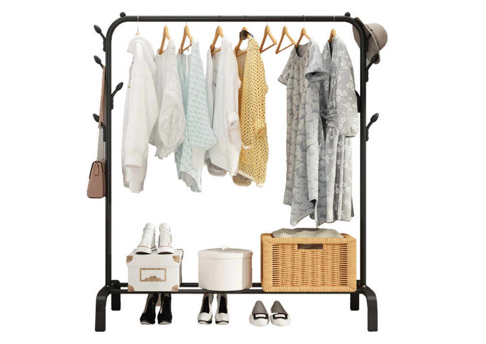 Stojací věšák na oblečení a boty – černá kovová šatní skříň