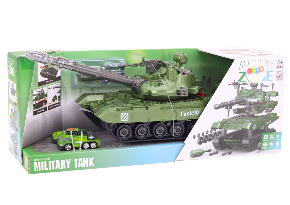 Tank vojenské vozidlo DIY k rozkládání se zvuky a světly zelený