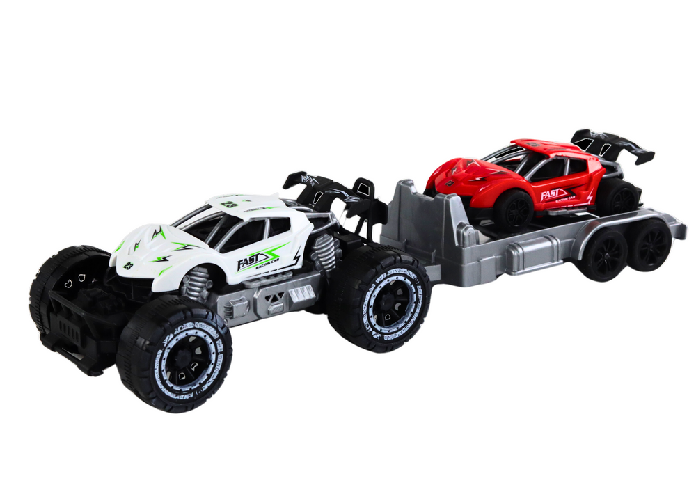 Terénní auto s lawetou – sportovní vůz bílé červené