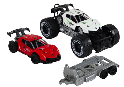 Terénní auto s lawetou – sportovní vůz bílé červené
