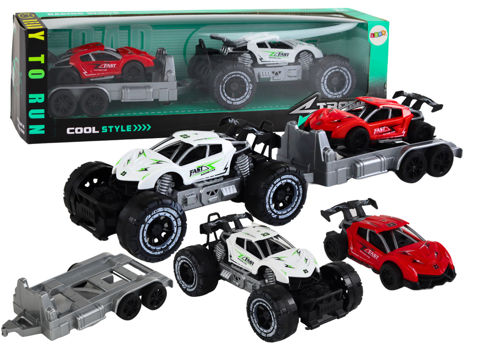 Terénní auto s lawetou – sportovní vůz bílé červené