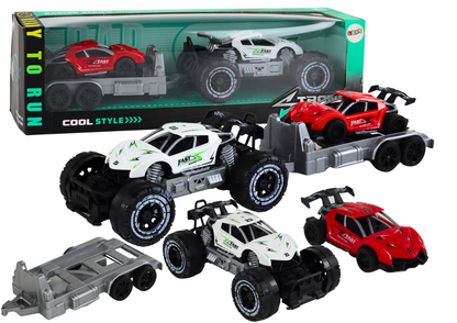 Terénní auto s lawetou – sportovní vůz bílé červené
