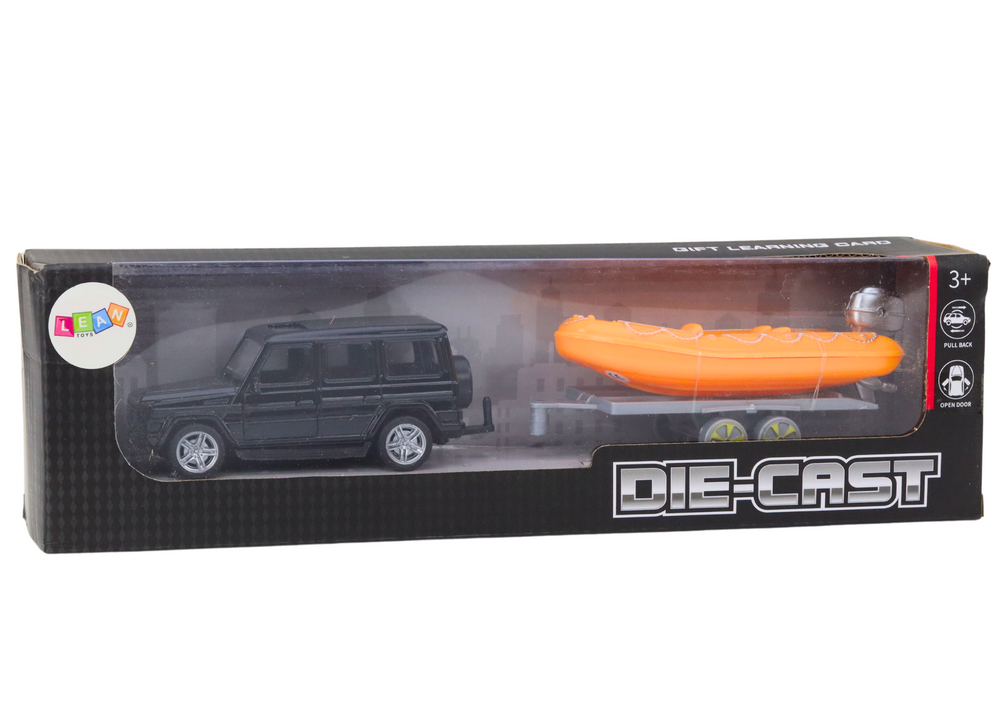 Terénní auto s přívěsem a lodí 14 cm černé oranžové