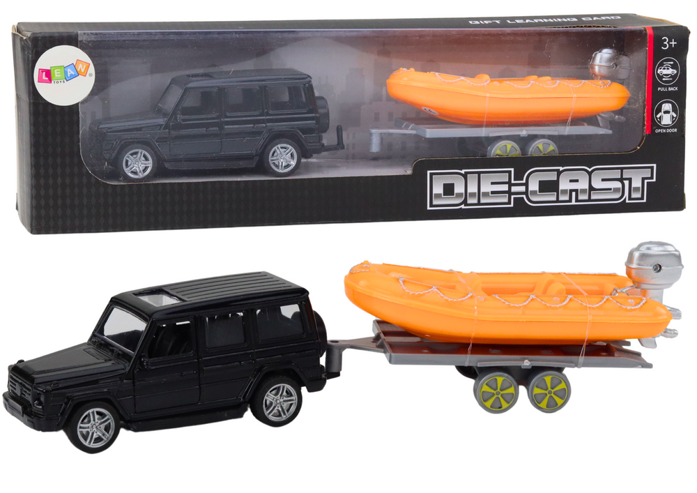 Terénní auto s přívěsem a lodí 14 cm černé oranžové