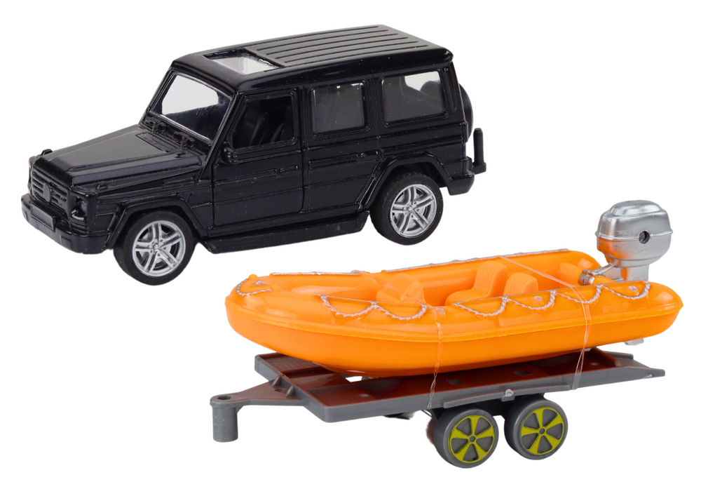 Terénní auto s přívěsem a lodí 14 cm černé oranžové