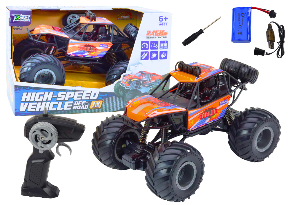 Terénní RC auto s tlumiči 1:8 oranžové – dálkové ovládání