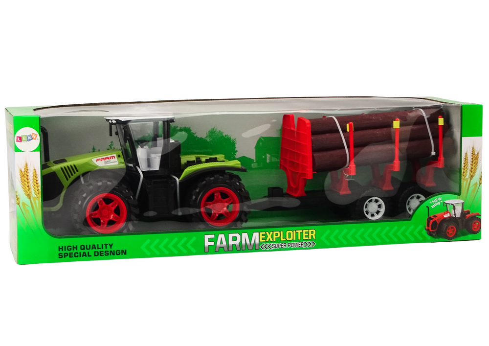 Traktor farmářský s přívěsem na dřevo 9 kmenů zelený