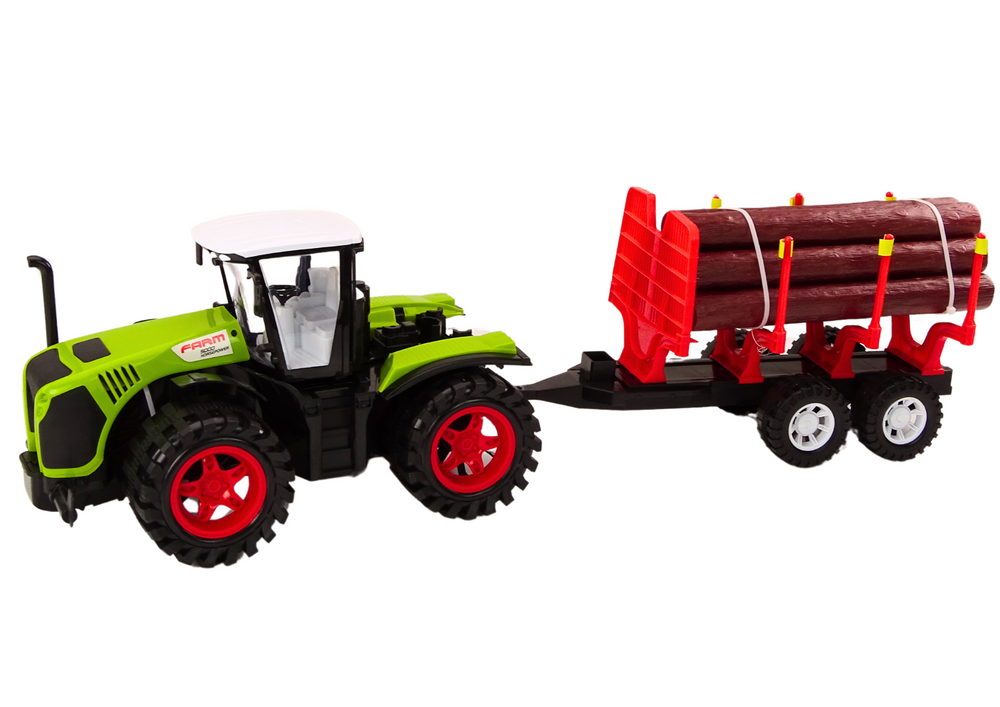 Traktor farmářský s přívěsem na dřevo 9 kmenů zelený