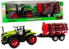 Traktor farmářský s přívěsem na dřevo 9 kmenů zelený