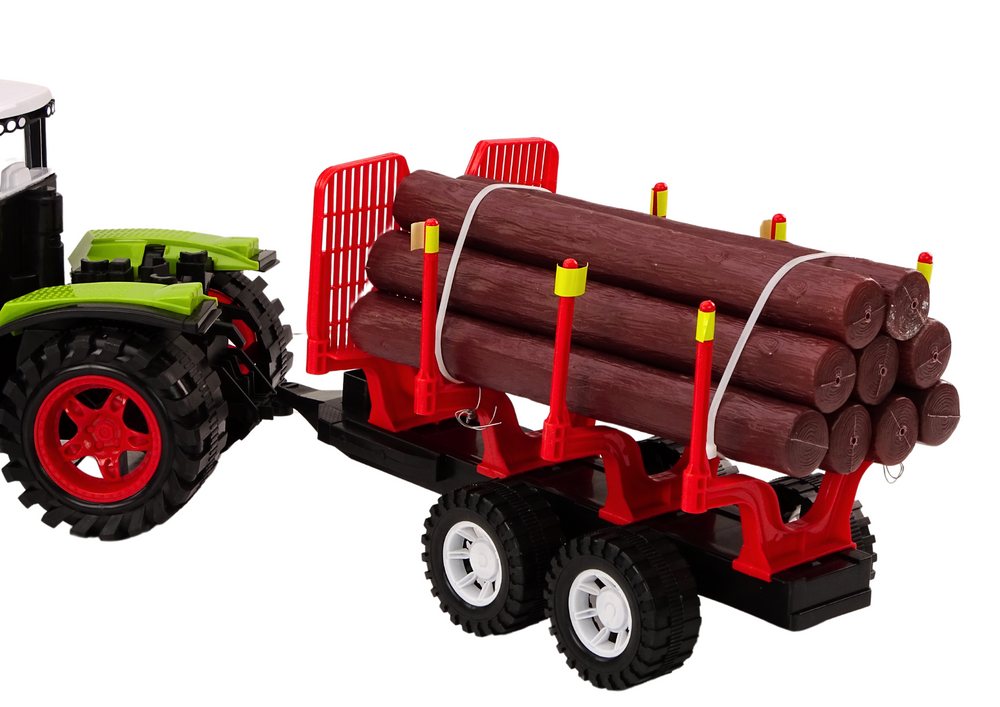 Traktor farmářský s přívěsem na dřevo 9 kmenů zelený