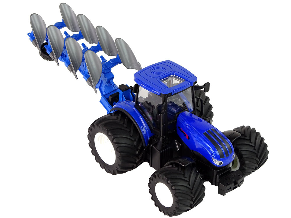 Traktor na dálkové ovládání 1:24 – s pluhem a LED | modrý