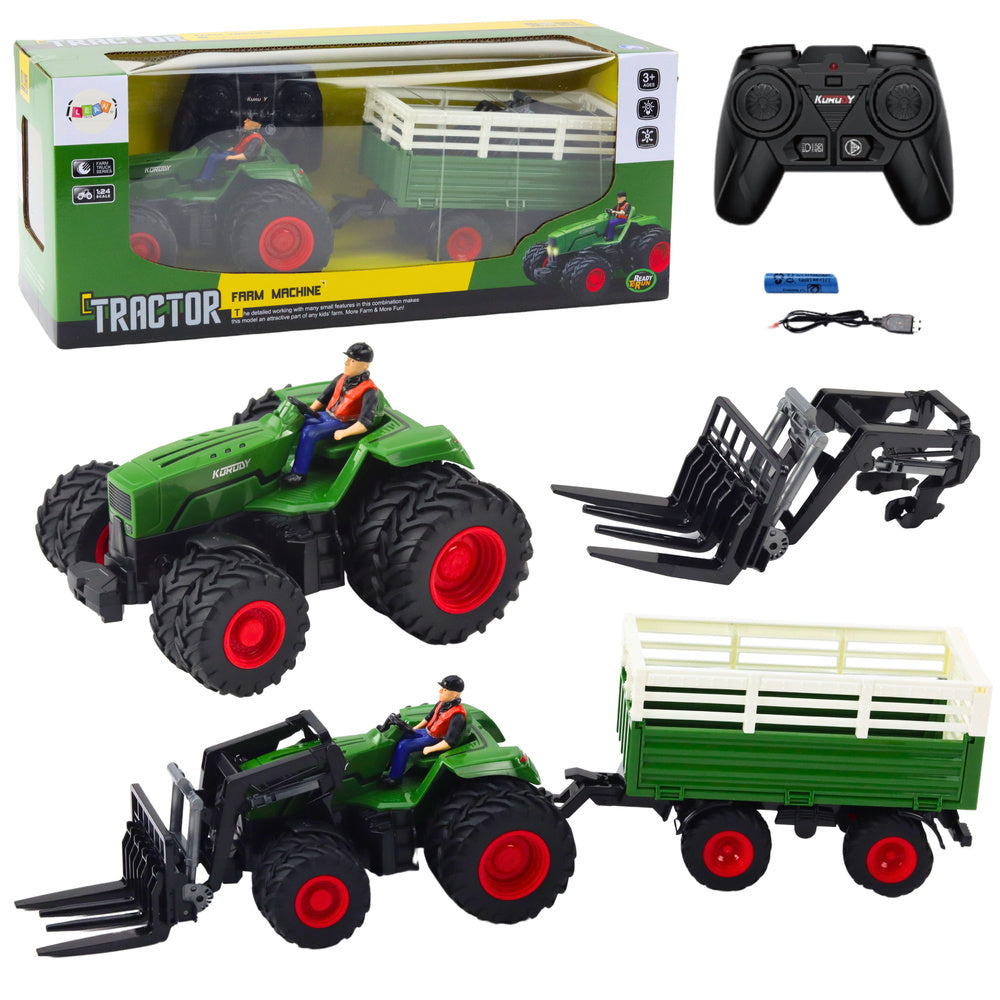 Traktor na dálkové ovládání s přívěsem a vidlemi podvojná kola