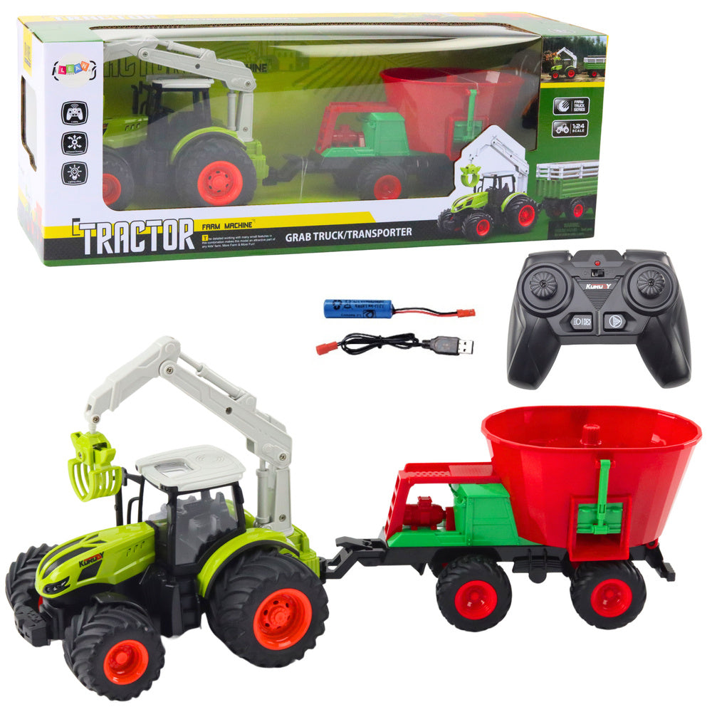 Traktor na dálkové ovládání se secím strojem a otočným drapákem 2.4G