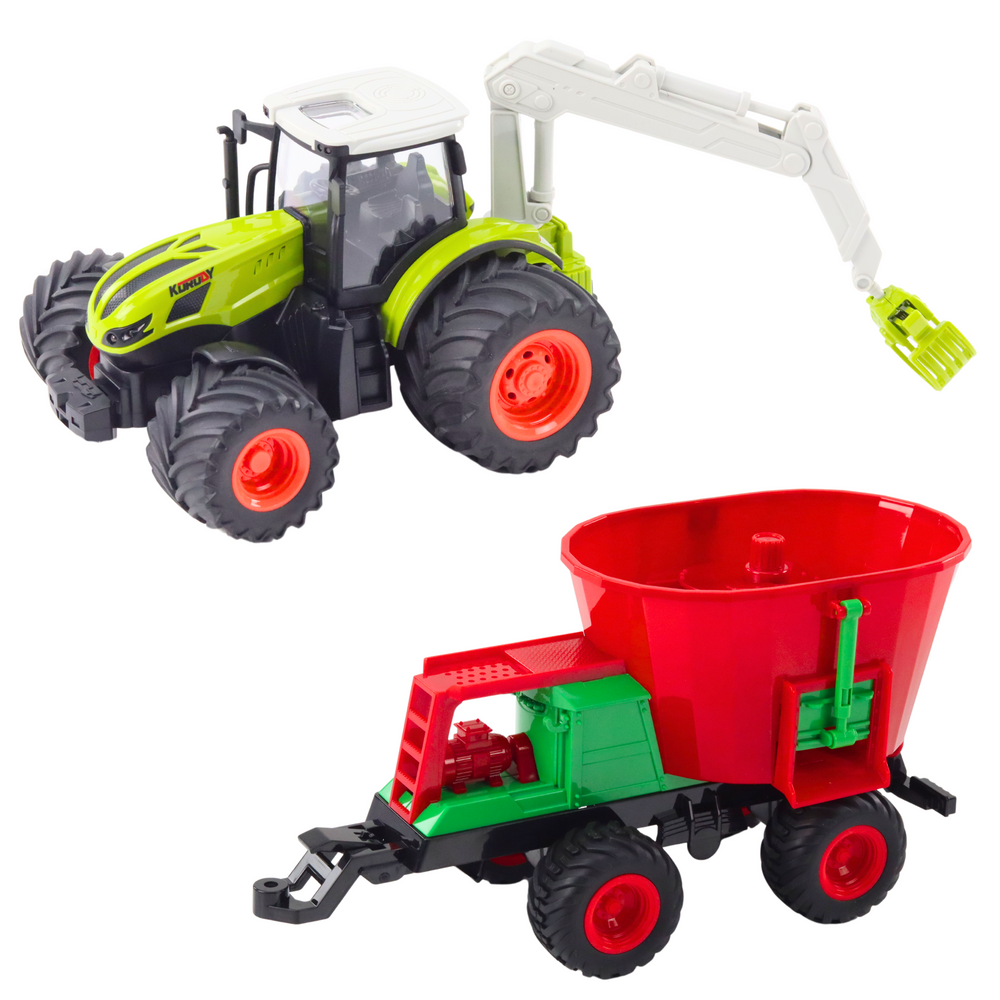 Traktor na dálkové ovládání se secím strojem a otočným drapákem 2.4G